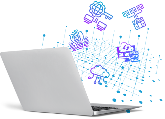 Geöffneter Laptop mit digitalen Symbolen die "aus dem Laptop kommen"